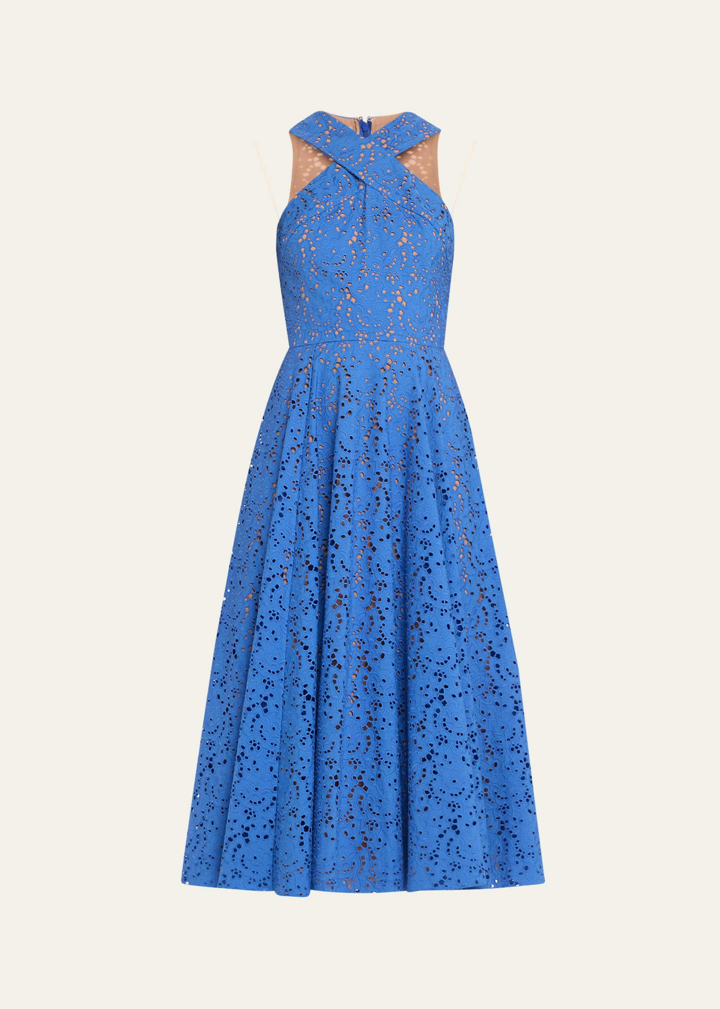 broderie anglaise crossover halter midi dress