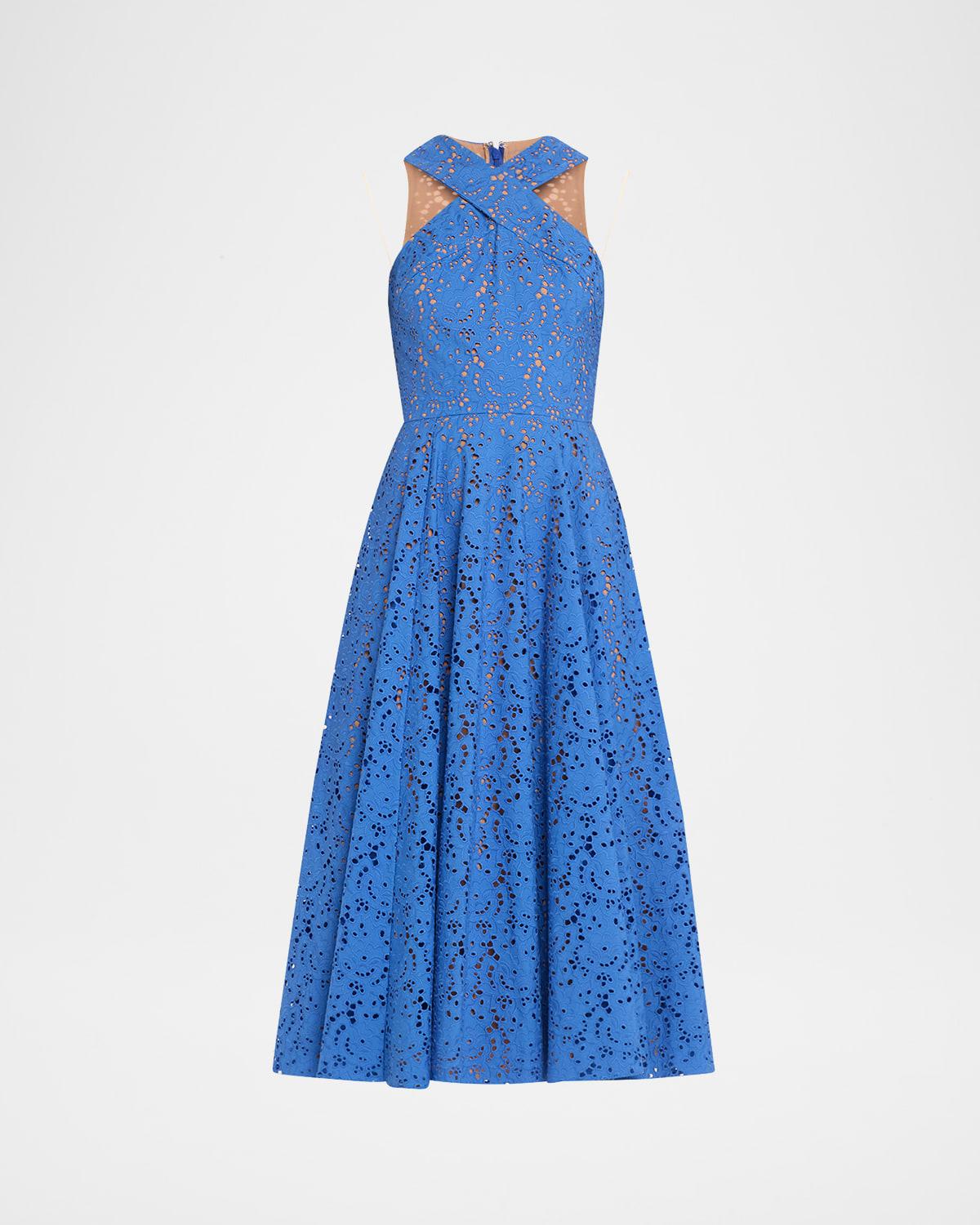 broderie anglaise crossover halter midi dress