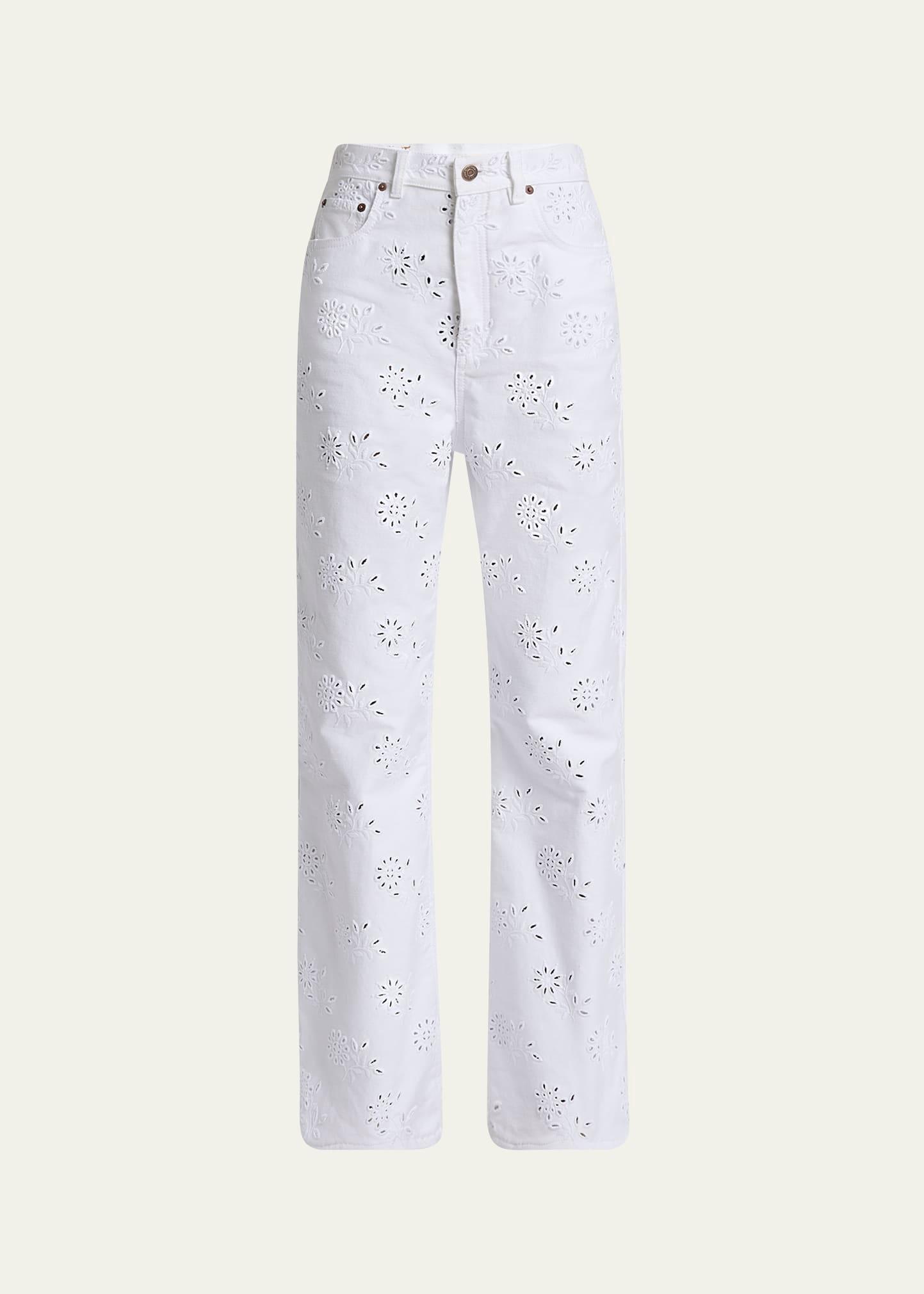 broderie anglaise denim straight-leg jeans