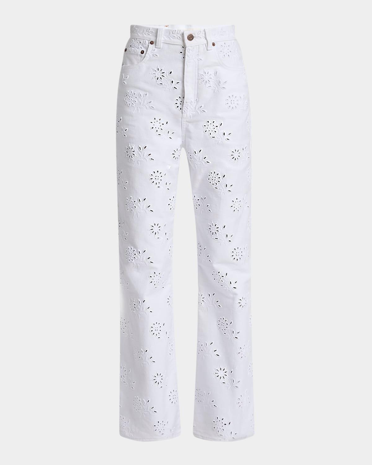 broderie anglaise denim straight-leg jeans