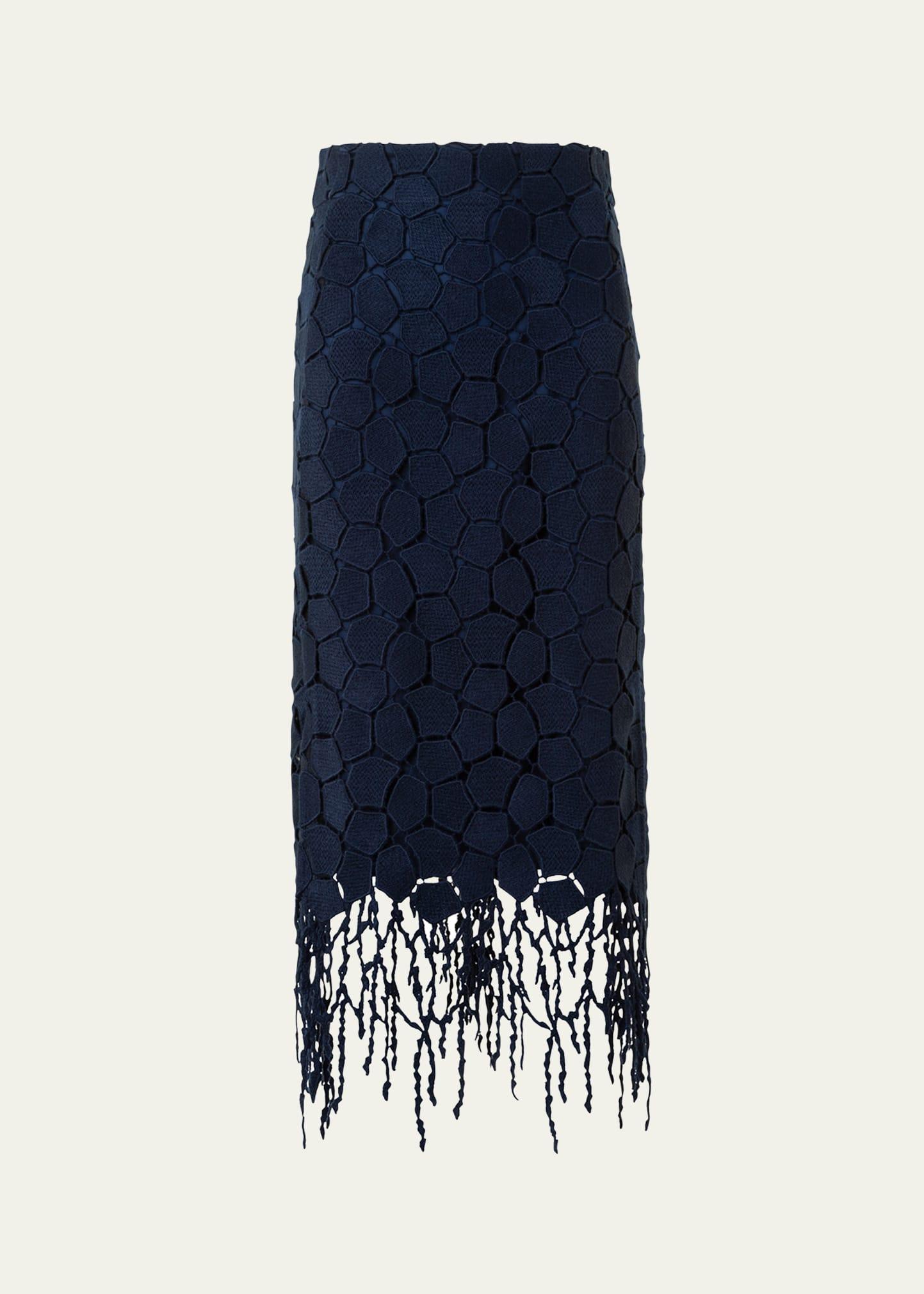 broken stone guipure fringed midi pencil skirt