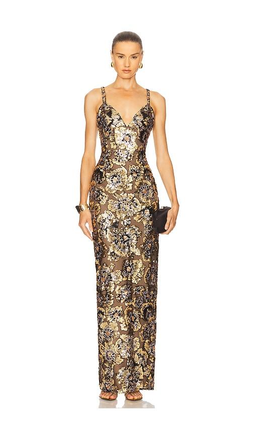 bronx and banco allegra sequin gown in metallic gold.