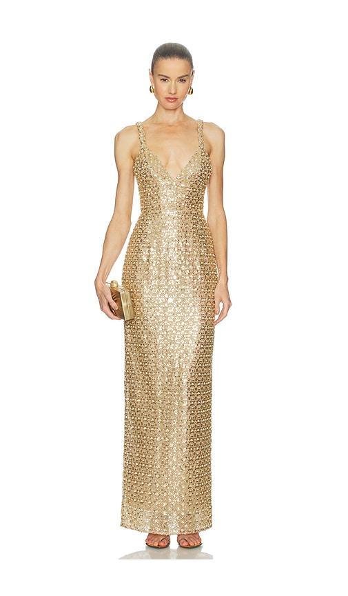 bronx and banco allegra sequin maxi dress in metallic gold.
