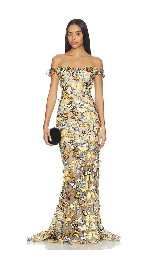 bronx and banco bella butterfly jasmine off the shoulder gown in tan,orange.