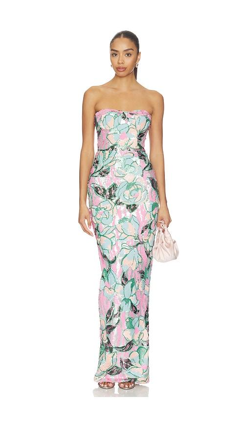bronx and banco calypso sequin dahlia strapless maxi dress in teal,pink.