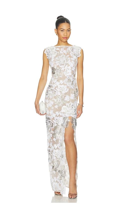 bronx and banco como ellie cap sleeve maxi in white,metallic silver.