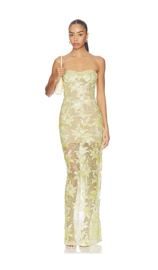 bronx and banco daffodil sequin dahlia strapless maxi dress in yellow.