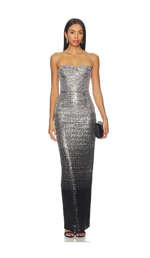 bronx and banco dahlia maxi dress in metallic silver.