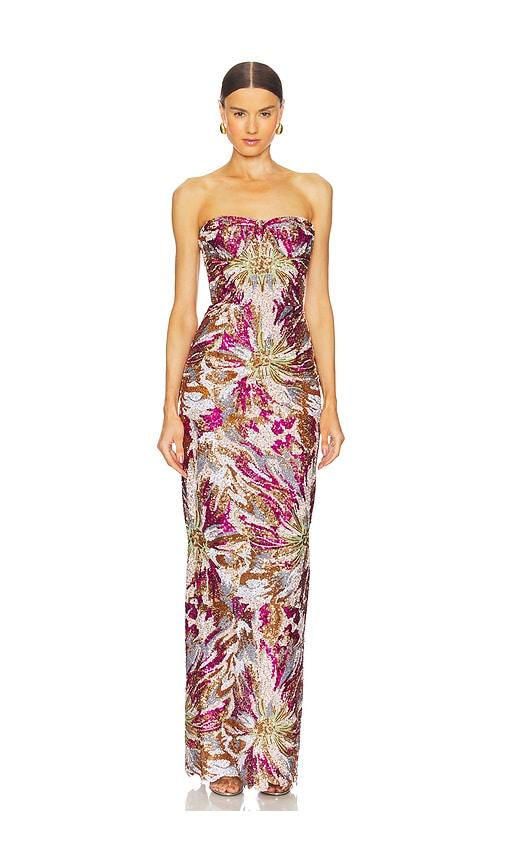 bronx and banco dahlia maxi dress in red,brown.