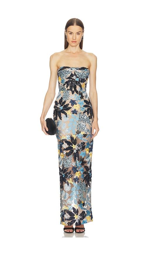 bronx and banco dahlia strapless maxi dress in blue.