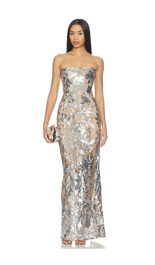 bronx and banco dahlia strapless maxi dress in metallic silver.