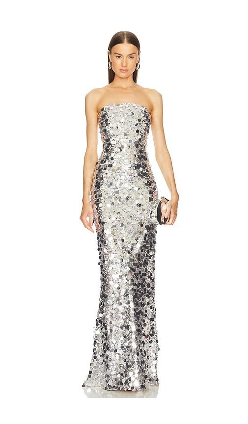 bronx and banco farah strapless gown in metallic silver.