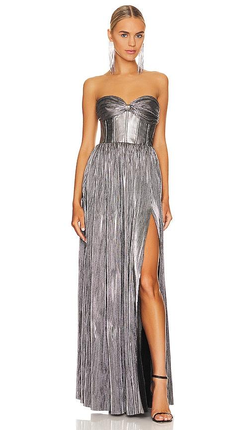 bronx and banco florence gown in metallic silver.