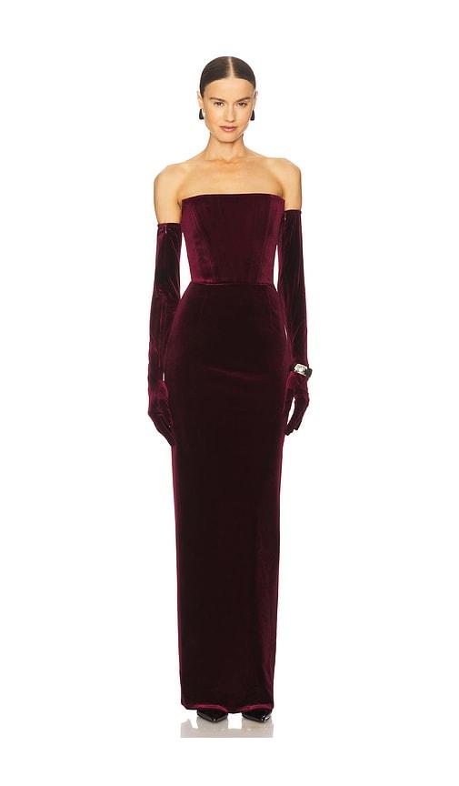 bronx and banco florentina strapless velvet gown in burgundy.