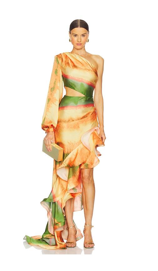 bronx and banco hanna horizon gown in orange.