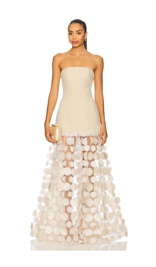 bronx and banco harper strapless gown in cream.