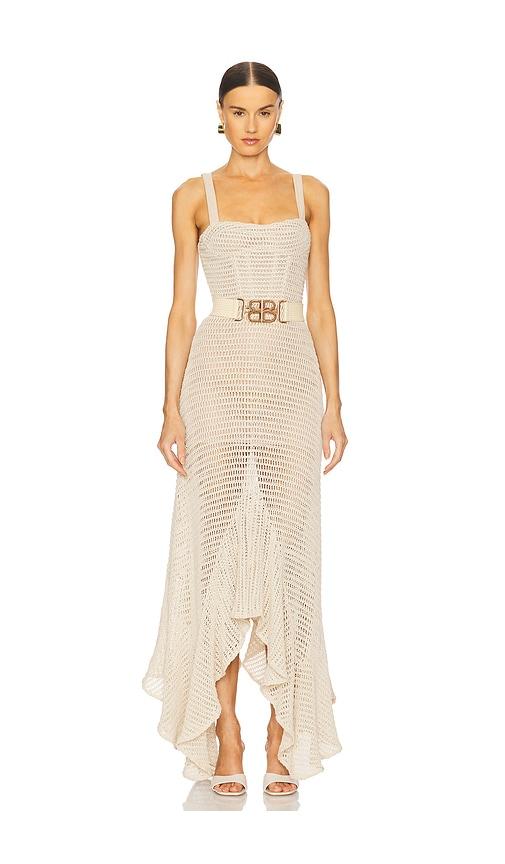 bronx and banco herrera desert crochet gown in beige.