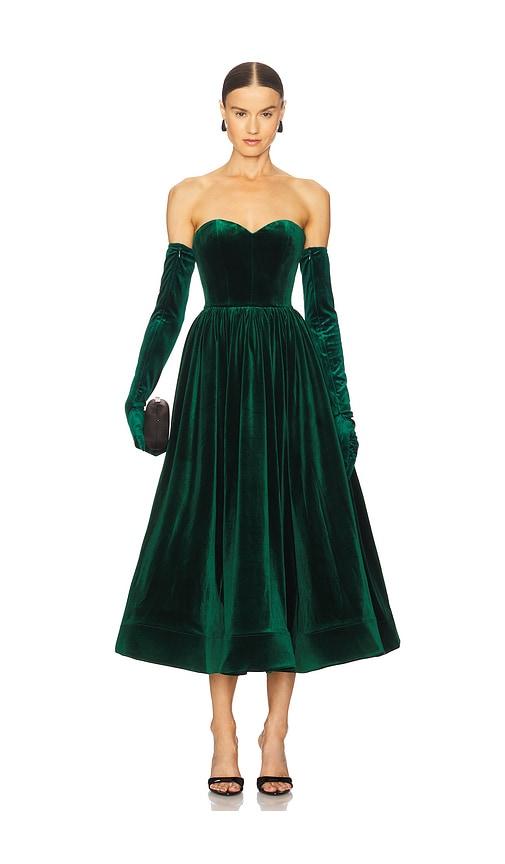 bronx and banco inara velvet midi dress in dark green.