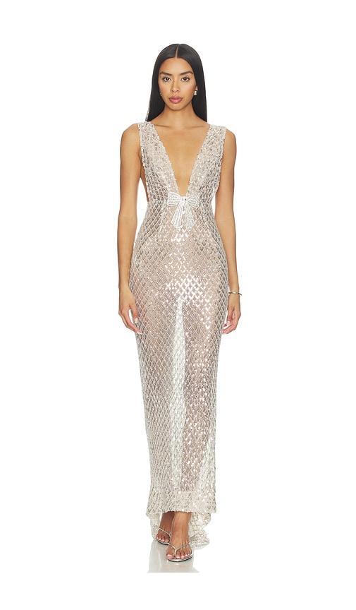 bronx and banco liora crystal bridal v-neck maxi dress in metallic silver.