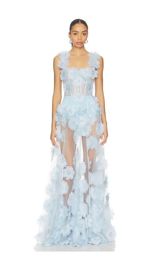 bronx and banco rosalie floral gown in baby blue.