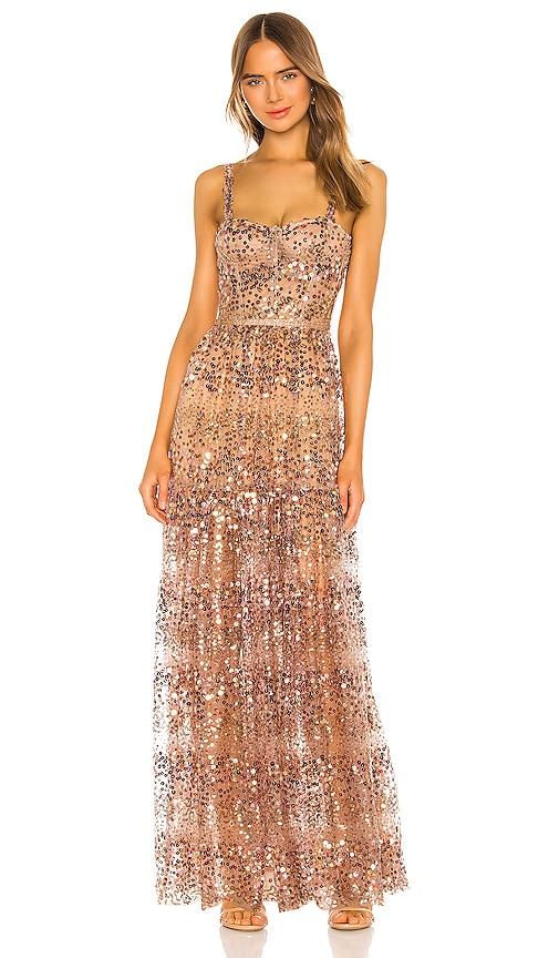 bronx and banco runway midnight gown in metallic gold.