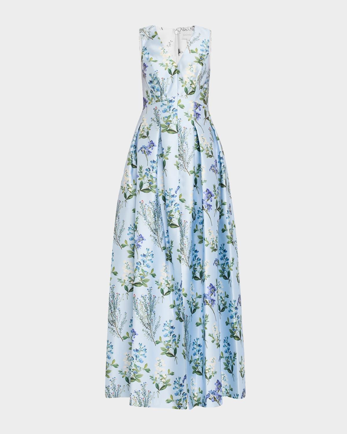 brooke pleated floral-print mikado gown