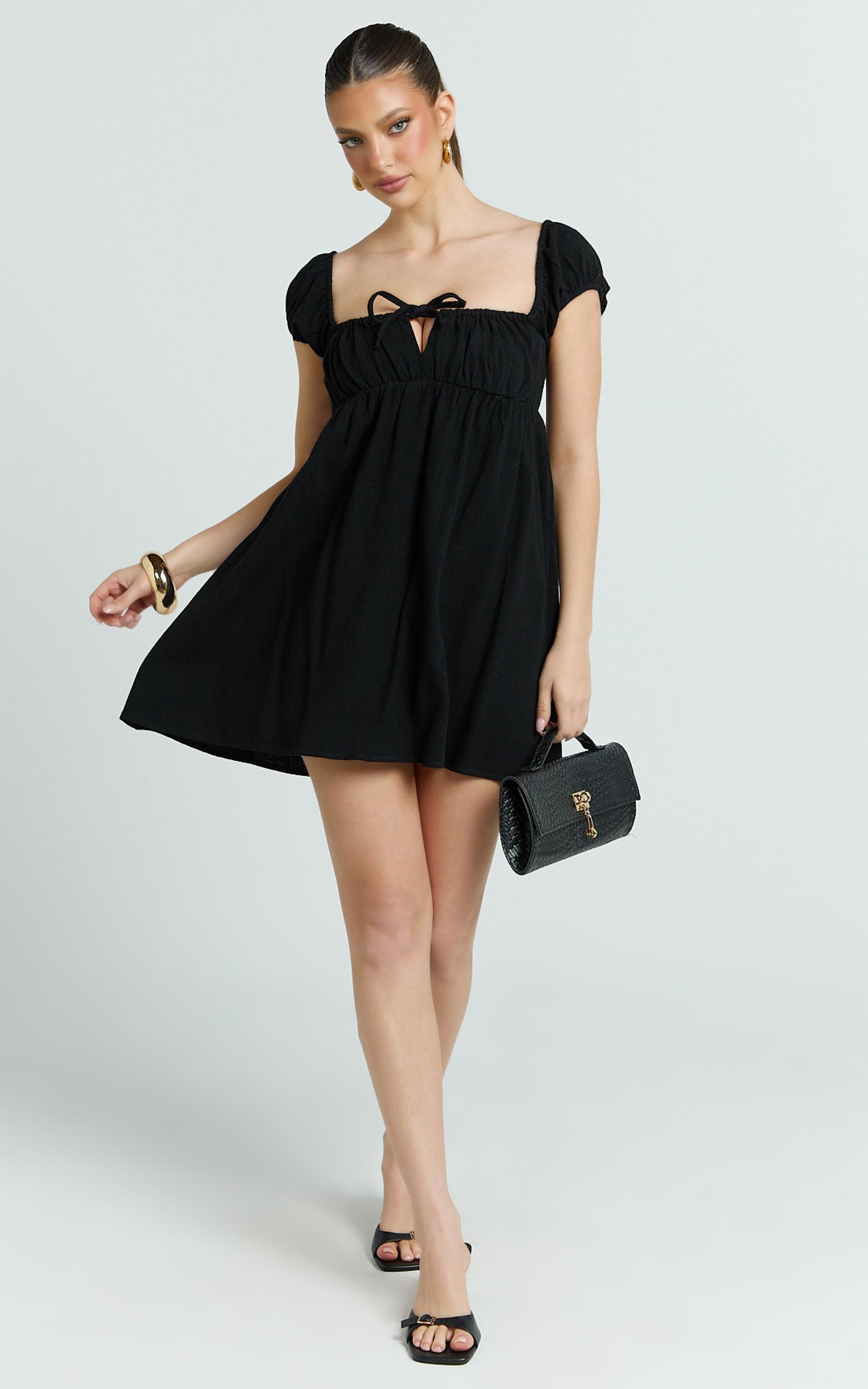 brooks mini dress - puff sleeve front tie babydoll dress in black