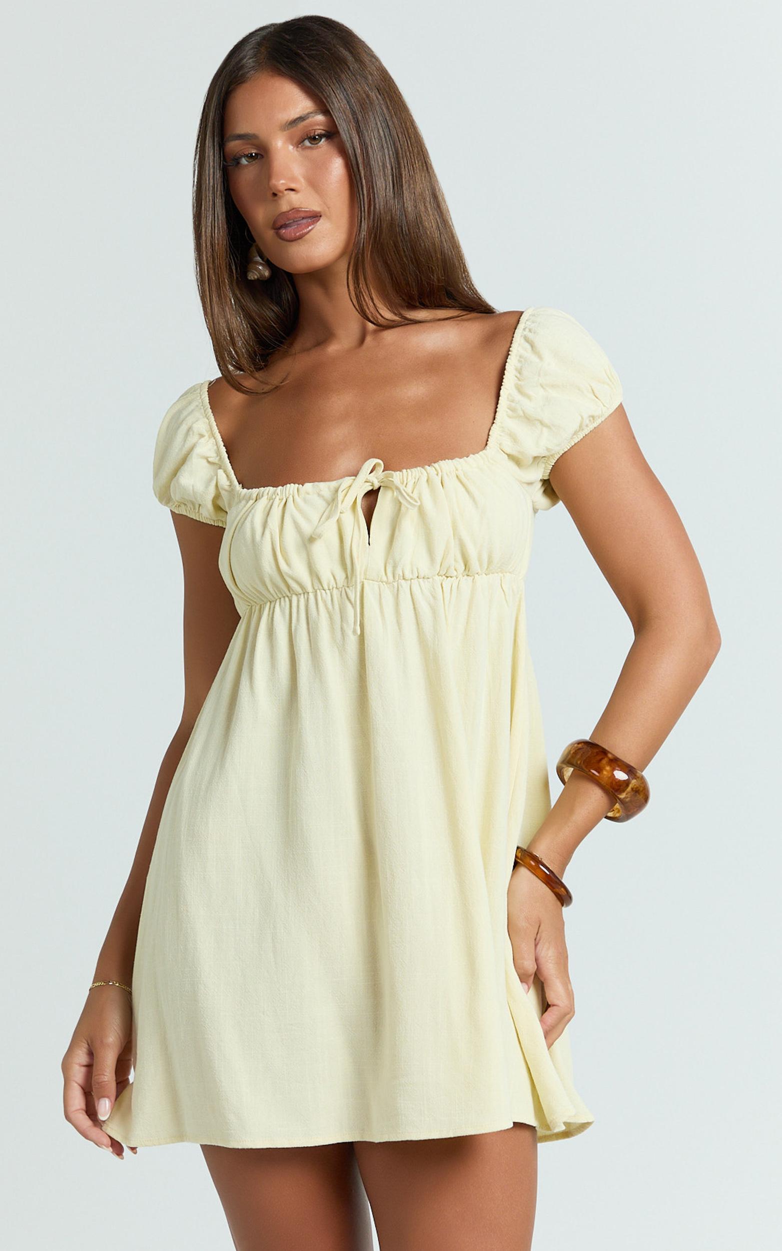 brooks mini dress - puff sleeve front tie babydoll dress in lemon