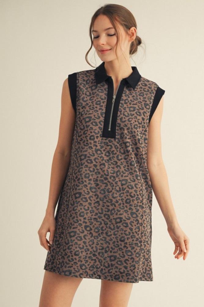 brown animal print front zip sleeveless dress