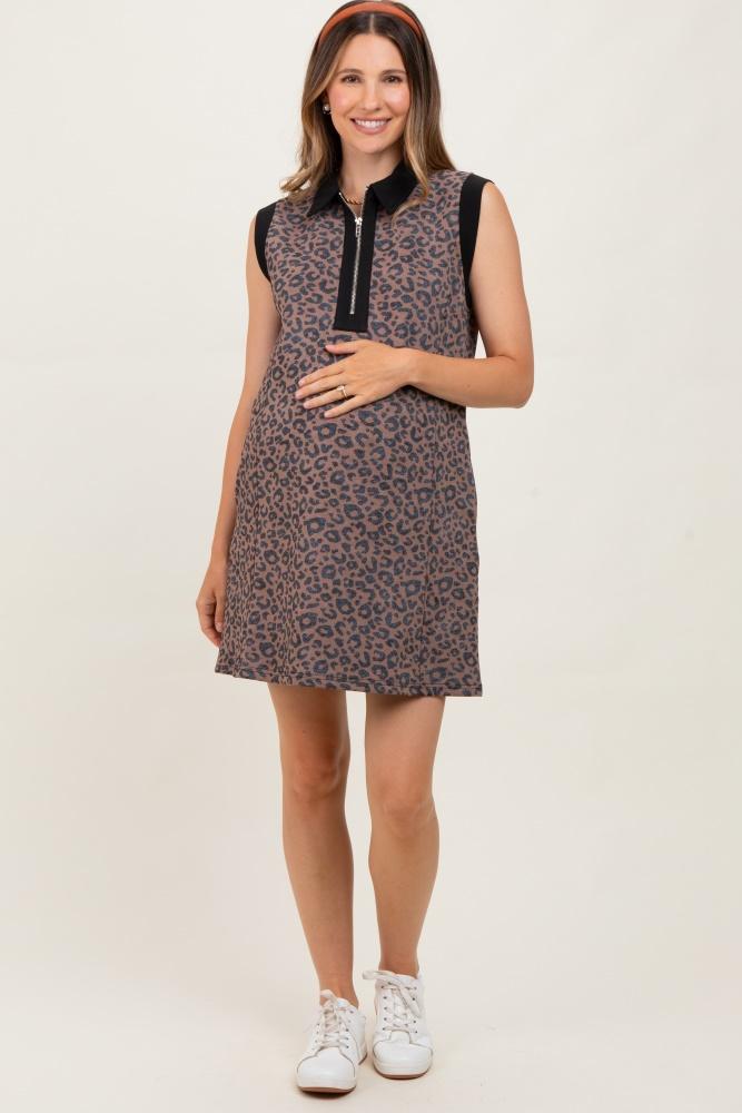 brown animal print front zip sleeveless maternity dress
