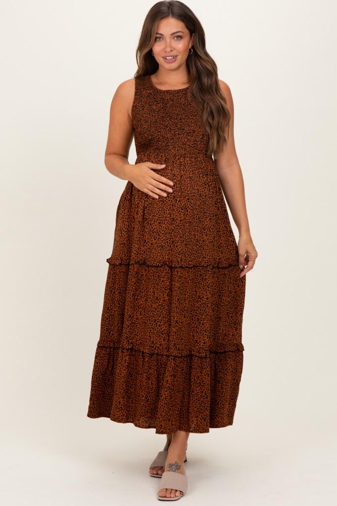 brown animal print sleeveless smocked tiered maternity maxi dress