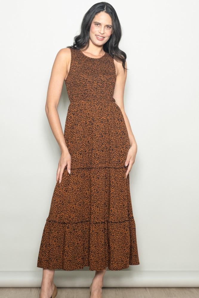 brown animal print sleeveless smocked tiered maxi dress