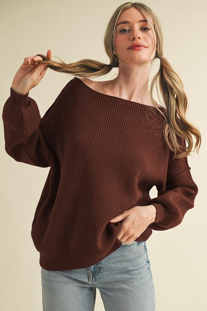brown balloon sleeve boat neck knit sweater