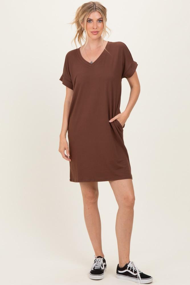 brown brushed rolled short sleeve v-neck dress