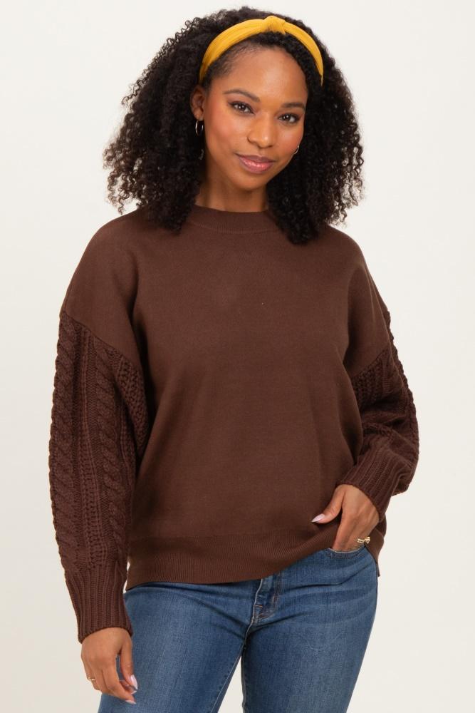 brown cable knit sleeve round neck maternity sweater