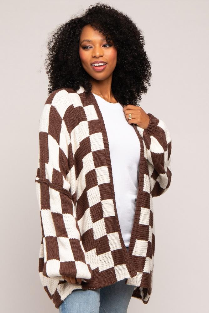 brown checkered print oversized cardigan