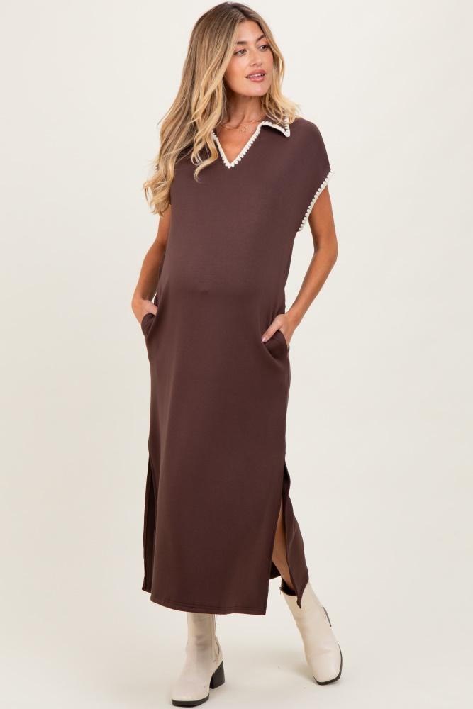 brown collared stitch detail short sleeve maternity midi dress