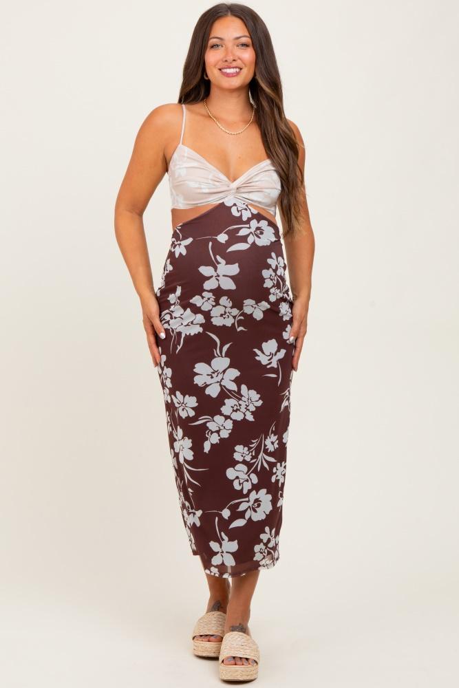 brown colorblock floral cutout sleeveless maternity maxi dress
