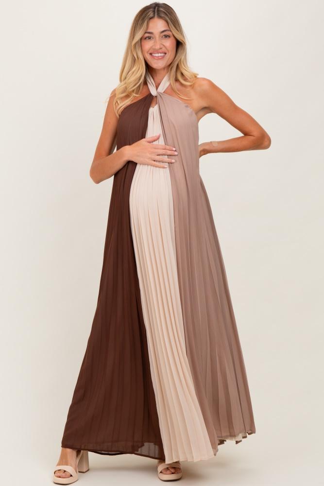 brown colorblock pleated halter neck maternity maxi dress