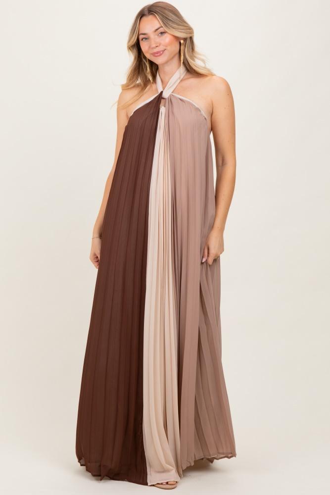 brown colorblock pleated halter neck maxi dress