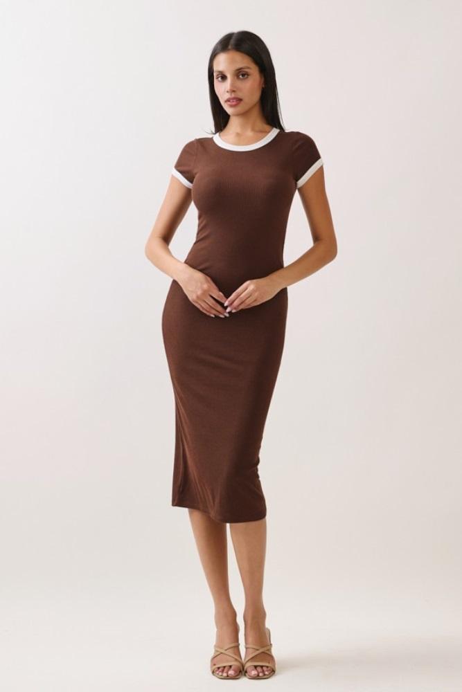 brown colorblock trim midi dress