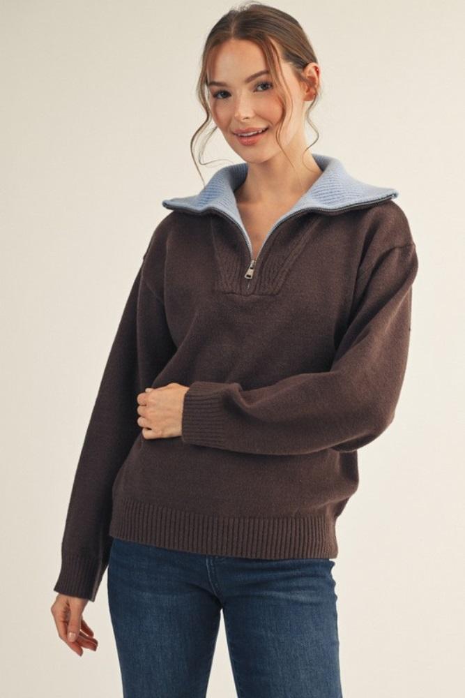 brown contrast collar half zip sweater
