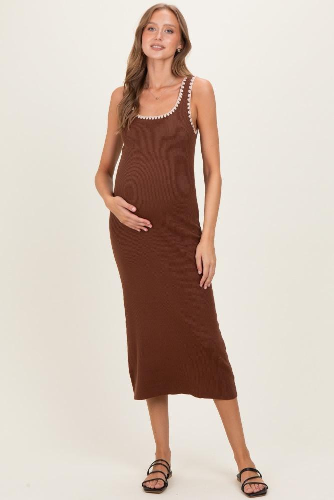 brown contrast stitch detail ribbed maternity sweater dress