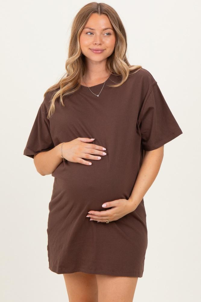 brown crewneck short sleeve maternity t-shirt dress