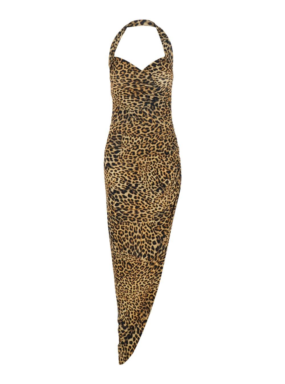 brown dress with leopard motif and side slit in brown tech fabric woman