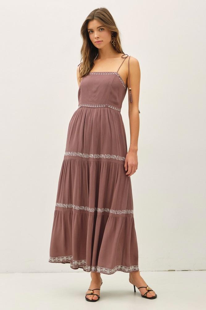 brown embroidered tiered maxi dress