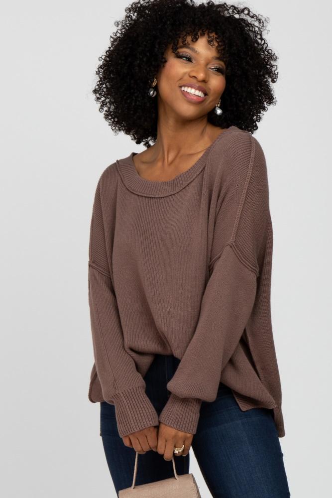brown exposed seam side slit sweater