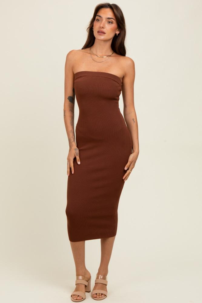 brown fitted tube knit midi dress