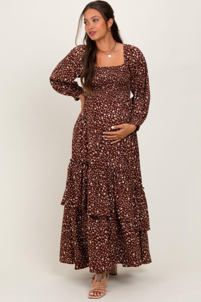 brown floral asymmetrical ruffle hem maternity maxi dress