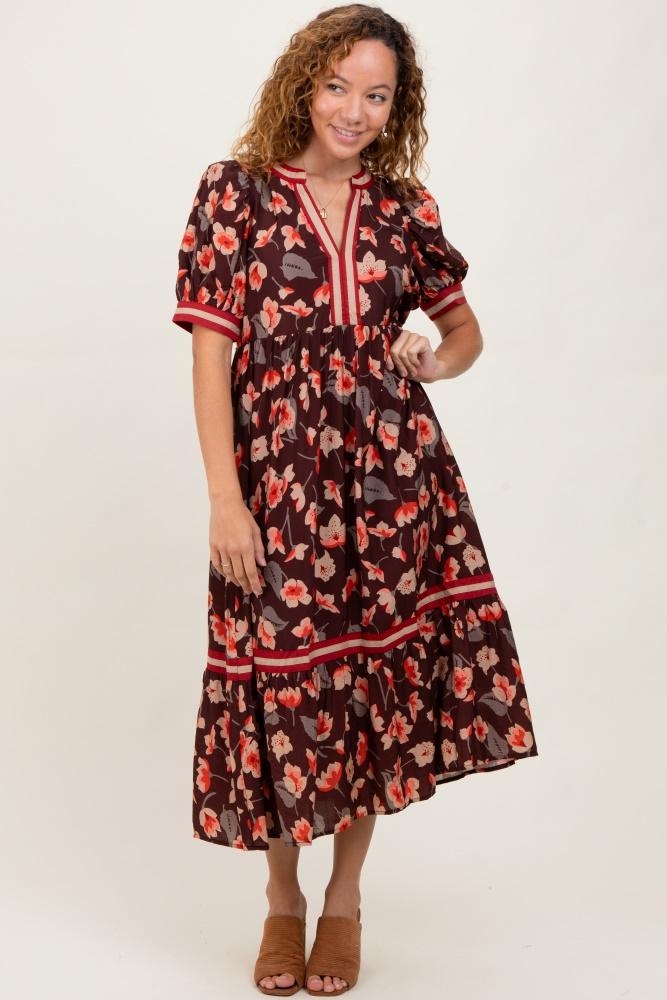 brown floral contrast trim midi dress